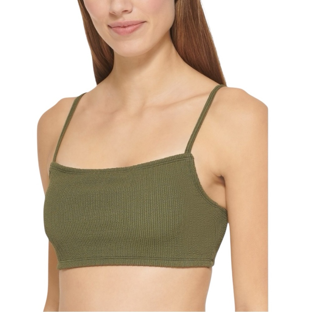 DKNY Textured Square Neck Bikini Top Olive Green Adjustable Straps M NWT
